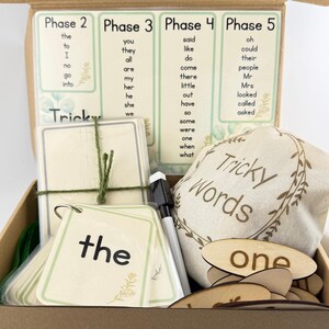 Tricky Words Learning Pack | Wooden Letter Discs, Flashcards, Traceable Cards, Laminated Mat | Early Years | Nursery | Home School