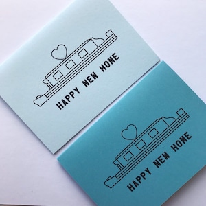 Happy New Home NARROWBOAT nouvelle maison carte de voeux vierge illustrée originale