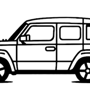 Könnte beinhalten: Schwarz-Weiß-Linienzeichnung eines kompakten SUV. Das Fahrzeug hat eine kastenförmige Form mit großen Fenstern, einem Dachgepäckträger und stilisierten Rädern. Das Design ist einfach und grafisch, geeignet für verschiedene Anwendungen.