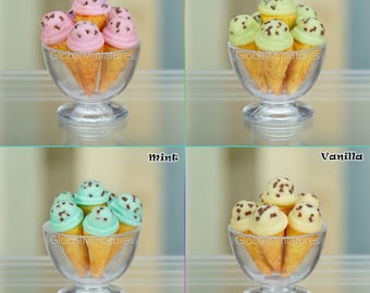 Dollhouse Miniatures Widemouthed Glass Bowl of Mixed Flavor Ice Cream Cone