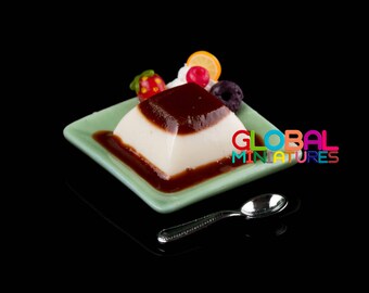 Dollhouse Miniatures Dish of Vanilla Moji Pudding with Syrup and Silver Spoon