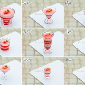 Dollhouse Miniatures Collection of Clear Plastic Ice Cream Parfait Glass of Layer Strawberry Syrup Panna Cotta and Milk Custard Pudding