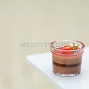 Dollhouse Miniatures Clear Plastic Canister Cup of Layer Strawberry and Chocolate Panna Cotta Pudding Dessert Sweets Decoration