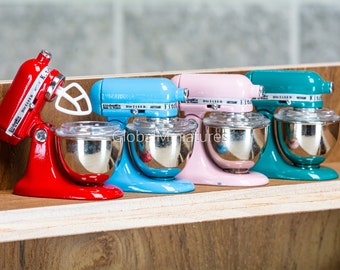 Dollhouse Miniature Colorful Glossy Stand Kitchen Mixer with Removable Silver Metal Bowl Diorama Cooking Appliance Decoration