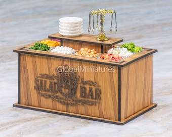 1:12 Scale Wooden Salad Bar Buffet Diorama, Miniature Clay Food Prop