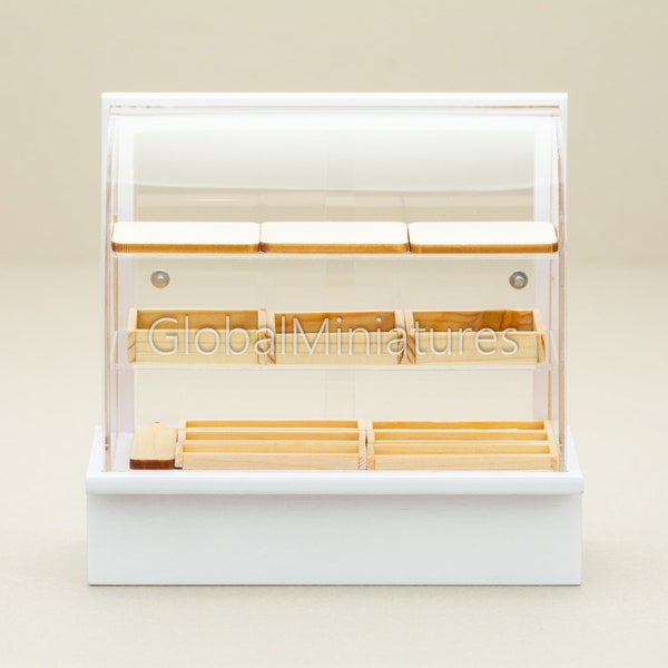 Dollhouse Miniatures Clear Acrylic Sliding Door Curve Bakery Vetrina Bancone con selezione di vassoio di pasticceria in legno