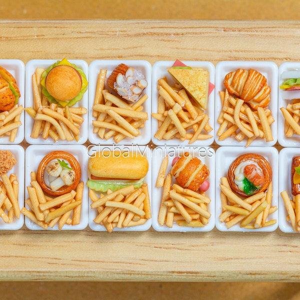 Dollhouse Miniatures Assortment of French Fries Chip Stick and Fast Food on White Plastic Tray Food Breakfast Decoration Supply - 1:12 Scale