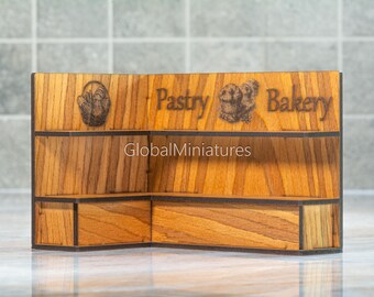 1:12 Scale Dollhouse Miniature Wooden Left-Handed Corner Bakery Shelf - Customizable Laser Engraved Sign