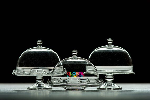 Dollhouse Miniatures Set of Glass Cake Cover and Stand with Cup Cake and Pie