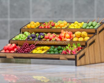 1:12 Scale Wooden Fruit Stall, Artisan Clay Fruits, Miniature Market Decor