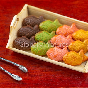 Dollhouse Miniatures Set of Japanese Colorful Taiyaki Fish-Shaped Filled Bread on Wooden Serving Tray and Silver Tong