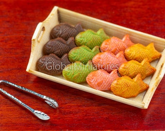 Dollhouse Miniatures Set of Japanese Colorful Taiyaki Fish-Shaped Filled Bread on Wooden Serving Tray and Silver Tong