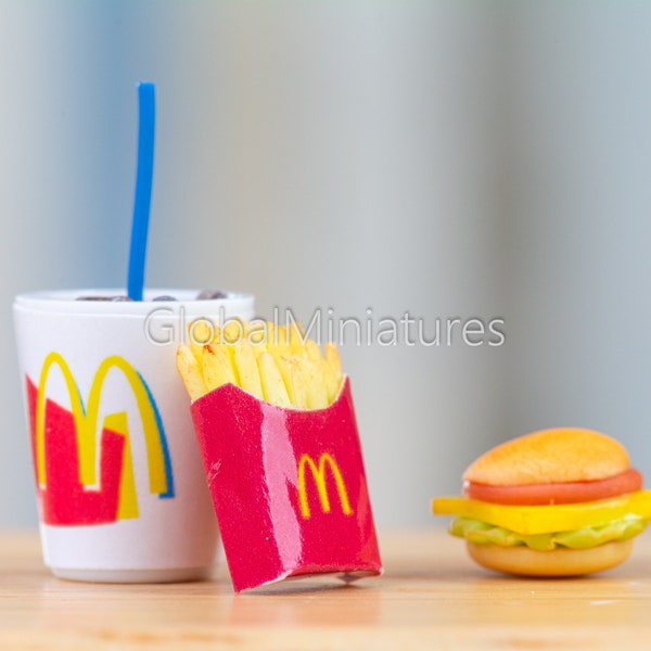 Dollhouse Miniatures Mini Set of McDonald Fast Food Cheese Burger with Glass of Iced Coca Cola and Bag of French Fries Breakfast  Decoration