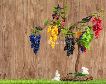 Dollhouse Miniatures Set of Fairy Garden Grape Tree with Colorful Bunch and Cute Little Bunny and Scarab Beetle Diorama Garden Decoration