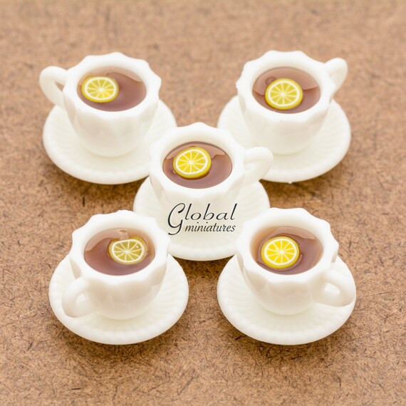 Dollhouse Miniatures White Plastic Cup of Lemon Tea and Round Saucer
