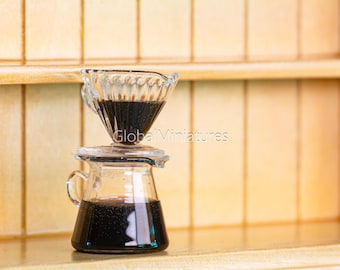 Miniature Coffee Dripper and Server Set with Black Coffee, 1:12 Scale, Dollhouse Kitchen Cafe Decor, Realistic Glass and Resin Beverage Prop