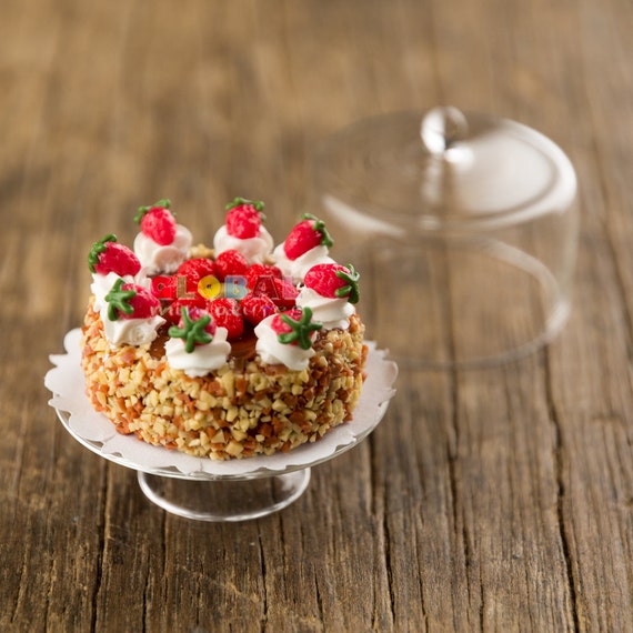 Dollhouse Miniatures Peach and Strawberry Fruit Tart on Scallop Edge Glass Stand