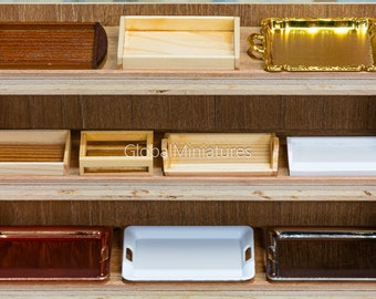 Miniature Wooden Tray Collection, 1:12 Scale, Dollhouse Kitchen Accessory, Rustic Display Prop