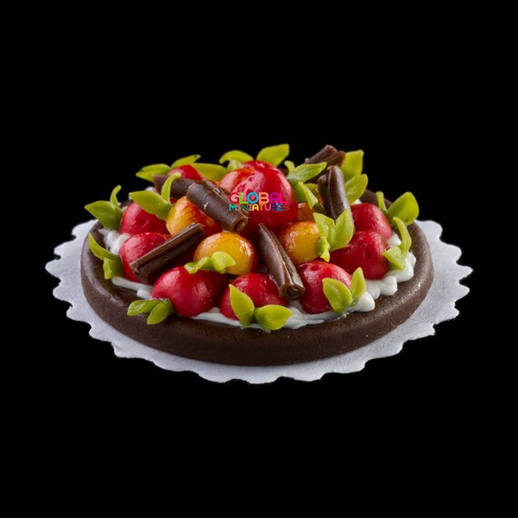 Dollhouse Miniatures Peach and Strawberry Fruit Tart on Scallop Edge Glass Stand