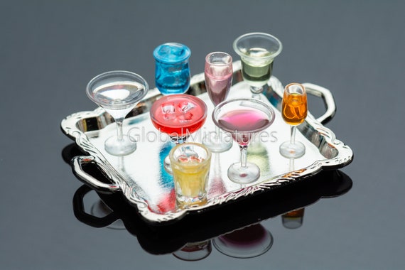 Dollhouse Miniature Drinks, Alcoholic Beverages, Plastic Glasses, Tray