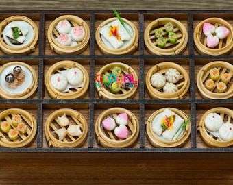 Colección de miniaturas para casas de muñecas con diversos dim sum de comida china en vaporera de bambú (lista de variaciones)
