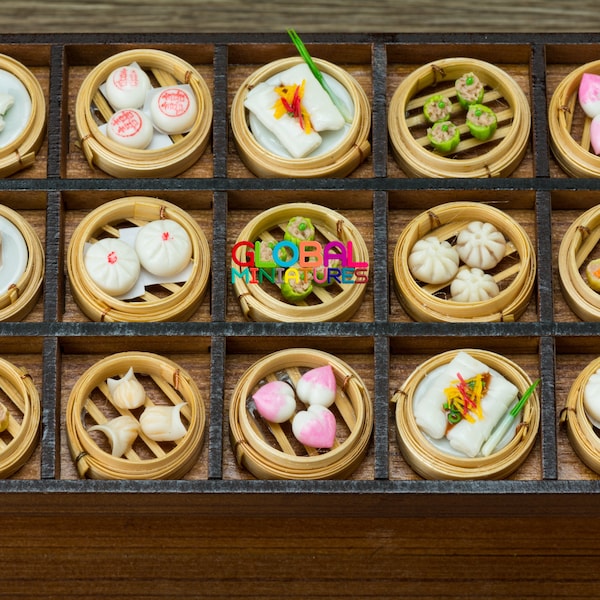 Dollhouse Miniatures Collection of Various Chinese Food Dim Sum on Bamboo Steamer (Variation Listing)