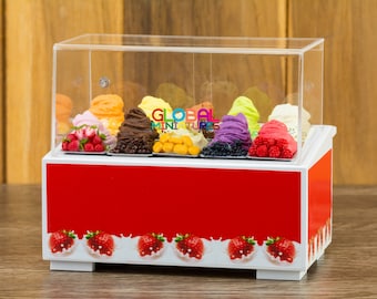 Dollhouse Miniatures Acrylic Cooler Full of Homemade Fruit Gelato Ice Cream on Aluminium Tray Sweets Dessert Decorating Supply