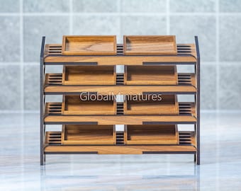 Angled Bakery Shelf Kit with Crates, 1:12 Scale, Dollhouse Market Display, Wooden Furniture for Food Diorama