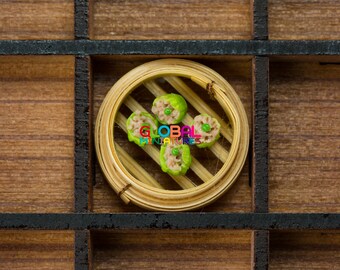 Dollhouse Miniatures Various Chinese Food Dim Sum on Bamboo Steamer - Jade Green Chinese Steamed Dumpling