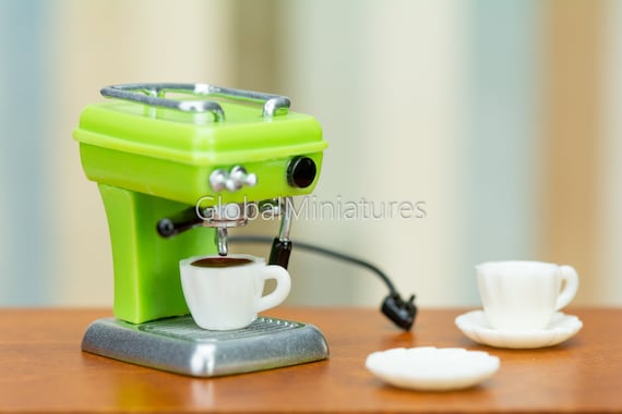 Dollhouse Miniature Green Electric Coffee Maker with Cup of Black Coffee and Saucer Morning Drinks Meal Decoration