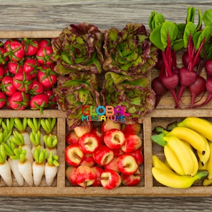 Dollhouse Miniatures Collection of Fruit and Vegetable, Tomato, Beetroot, Radish, Apple, Banana, and Red Salad Food Cooking Supply