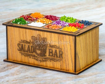 Miniature Salad Bar Counter with Vegetable Trays, 1:12 Scale, Dollhouse Kitchen Display, Realistic Clay Food & MDF Furniture Prop