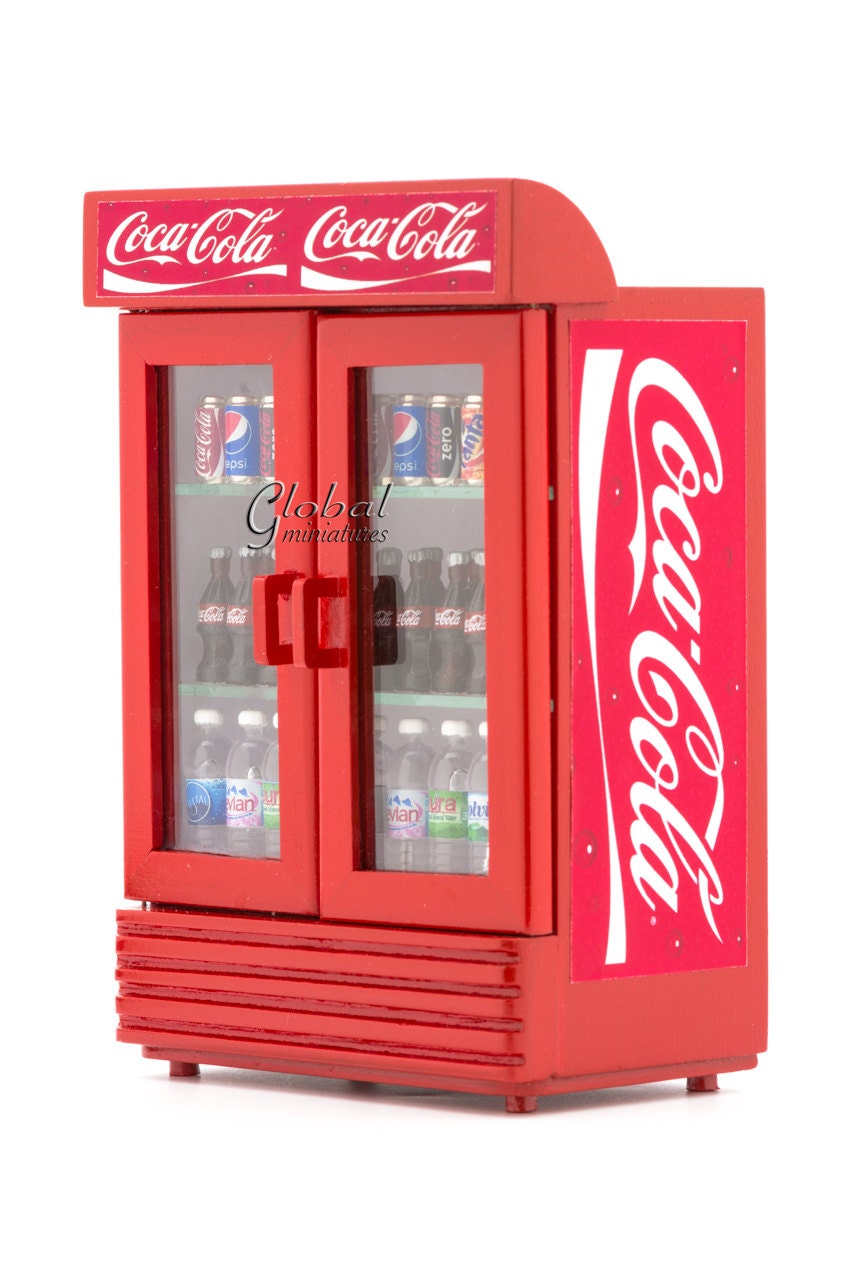 Dollhouse Miniatures Coca Cola Double Door Fridge Cooler with Filled Drinks  Groceries Decorating Supplies