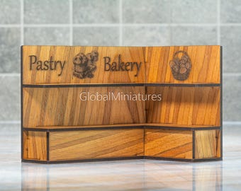 1:12 Scale Dollhouse Miniature Wooden Right-Handed Corner Bakery Shelf - Customizable Laser Engraved Sign