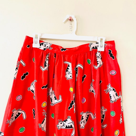 Vintage 1980s culottes pants red cat print medium… - image 2