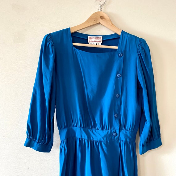 Vintage 70s Silk Dress Long Sleeve Secretary Blue… - image 2
