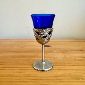 Antique 30s Morgantown Dragon Cordial Glass Blue Glassware Small Chrome Unique
