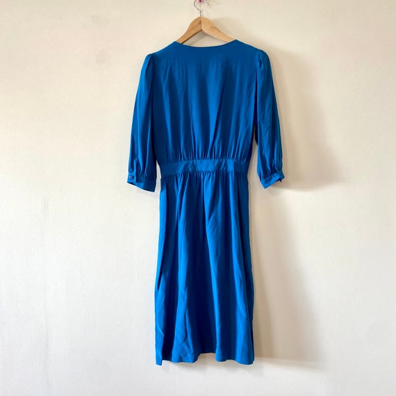 Vintage 70s Silk Dress Long Sleeve Secretary Blue… - image 5