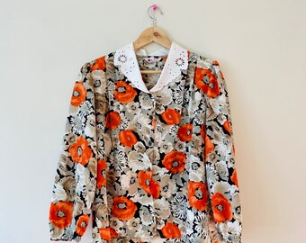 Vintage 80er Jahre Blumen Print Bluse Spitzenkragen Top Shirt Medium