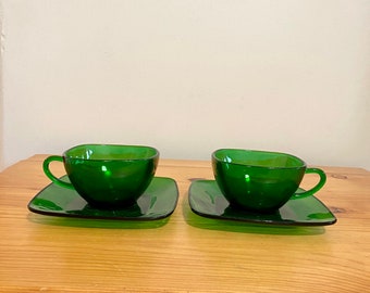 Antique Depression Glass Anchor Hocking Charm Forest Green TeaCup Saucer 4 Piece