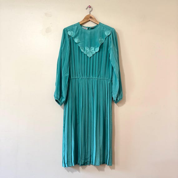 pleated bib dress Vintage 80s Secretary Dress Long Sleeve Pleated Bib Neckline Size 8