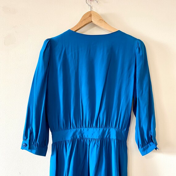 Vintage 70s Silk Dress Long Sleeve Secretary Blue… - image 6