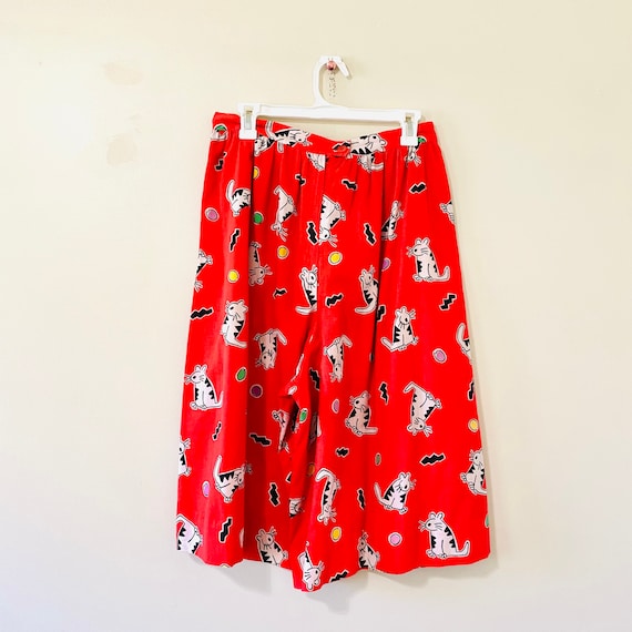 Vintage 1980s culottes pants red cat print medium… - image 5