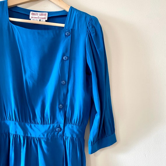 Vintage 70s Silk Dress Long Sleeve Secretary Blue… - image 4