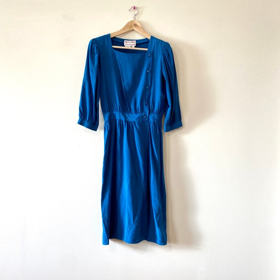 Vintage 70s Silk Dress Long Sleeve Secretary Blue… - image 1