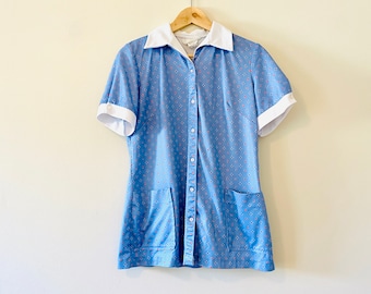 Vintage 1960s 60s blue paisley tunic top blouse short sleeve shirt Medium M