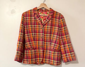 Vintage 70s Plaid Blazer Suit Jacket 3/4 Sleeves Handmade Retro Small