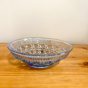 Vintage 70s Blue Glass Bowl Federal Glass Windsor Button and Cane 7.5”