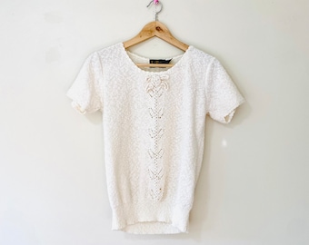 Vintage 60s knit blouse ivory cream knitwear top small