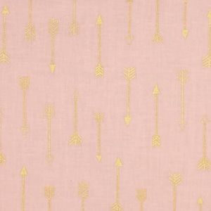 May include: A pink fabric with a repeating pattern of gold arrows pointing upwards.
